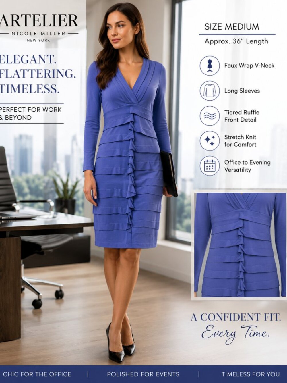 Nicole Miller Bodycon Royal Blue  Tiered Long Sleeve Midi Dress